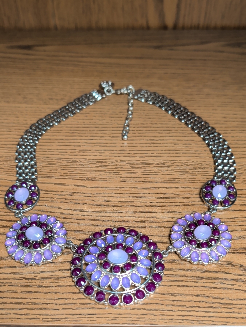 WHNM Gold-Tone Purple Pink Rhinestones Floral Statement Necklace